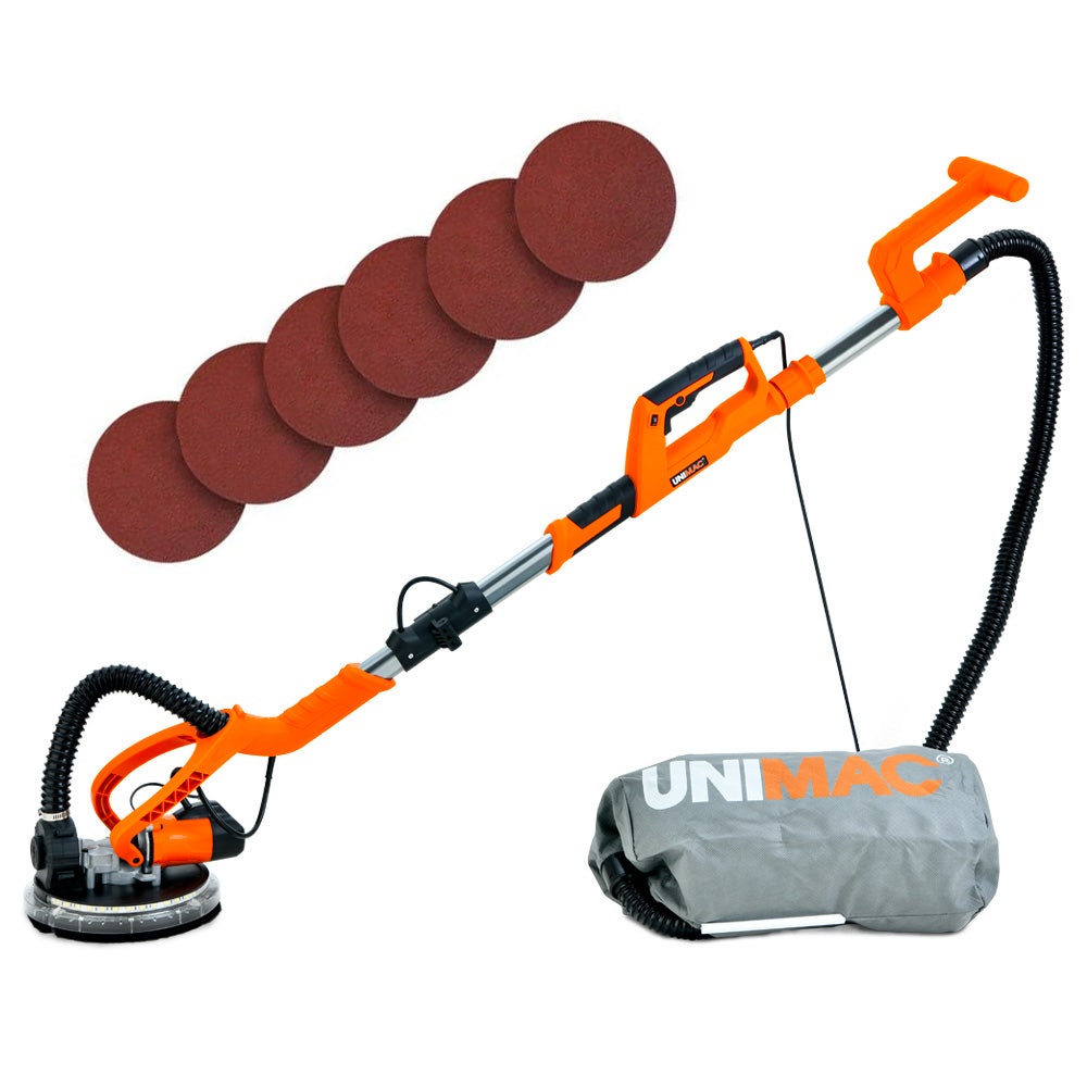 Sanders: Unimac 225mm 750W Telescopic Long Reach Dry Wall Sander Kit, Foldable, Vacuum System, LED Worklight, 6x Sanding Discs