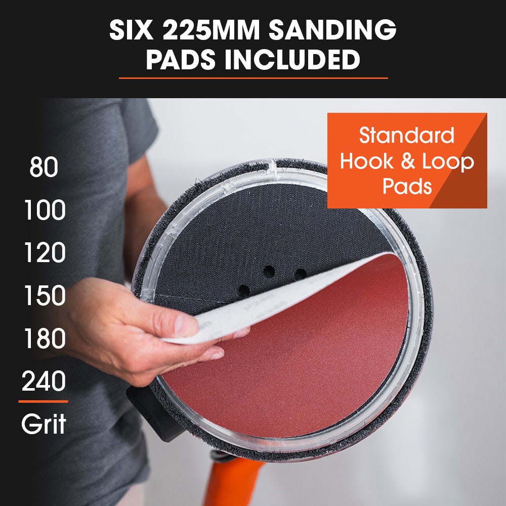 Sanders: Unimac 225mm 750W Telescopic Long Reach Dry Wall Sander Kit, Foldable, Vacuum System, LED Worklight, 6x Sanding Discs