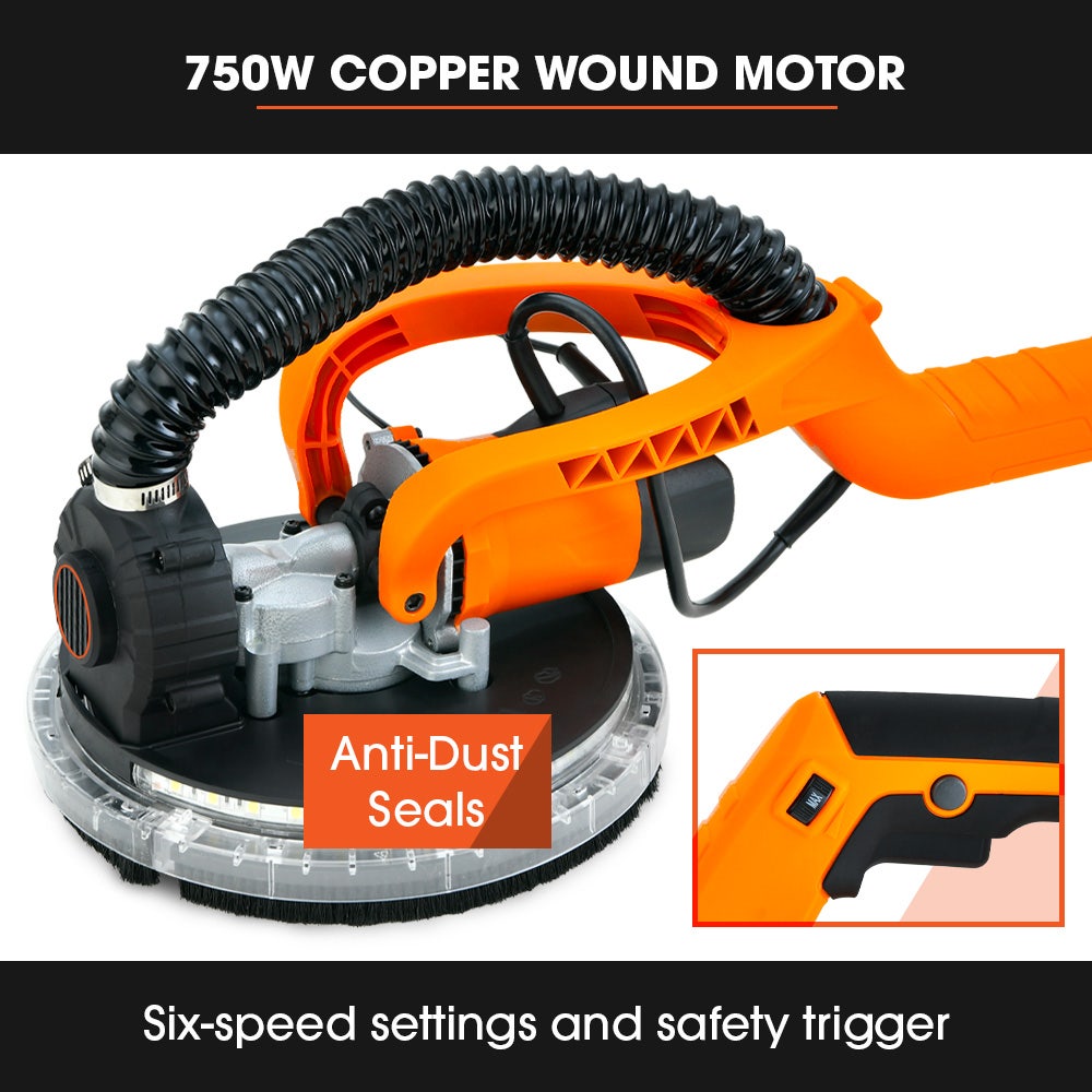 Sanders: Unimac 225mm 750W Telescopic Long Reach Dry Wall Sander Kit, Foldable, Vacuum System, LED Worklight, 6x Sanding Discs