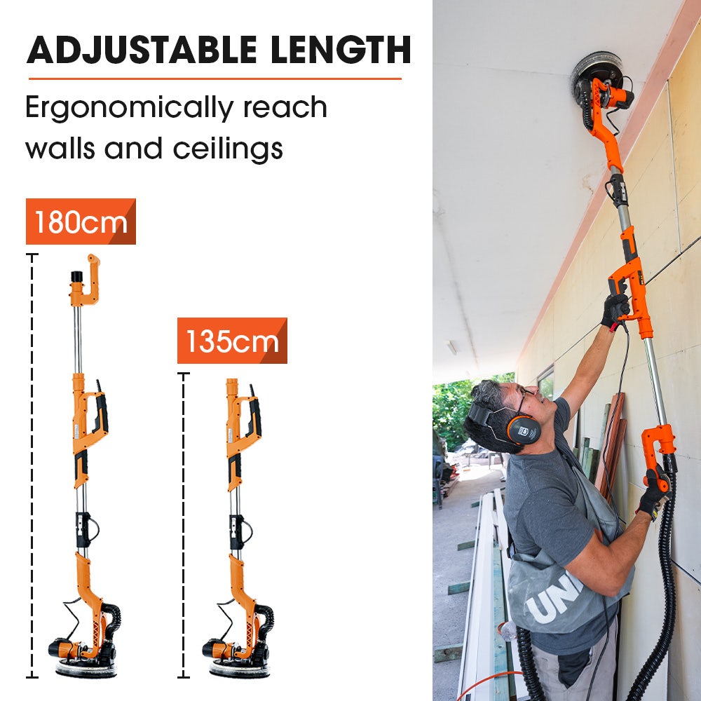 Sanders: Unimac 225mm 750W Telescopic Long Reach Dry Wall Sander Kit, Foldable, Vacuum System, LED Worklight, 6x Sanding Discs