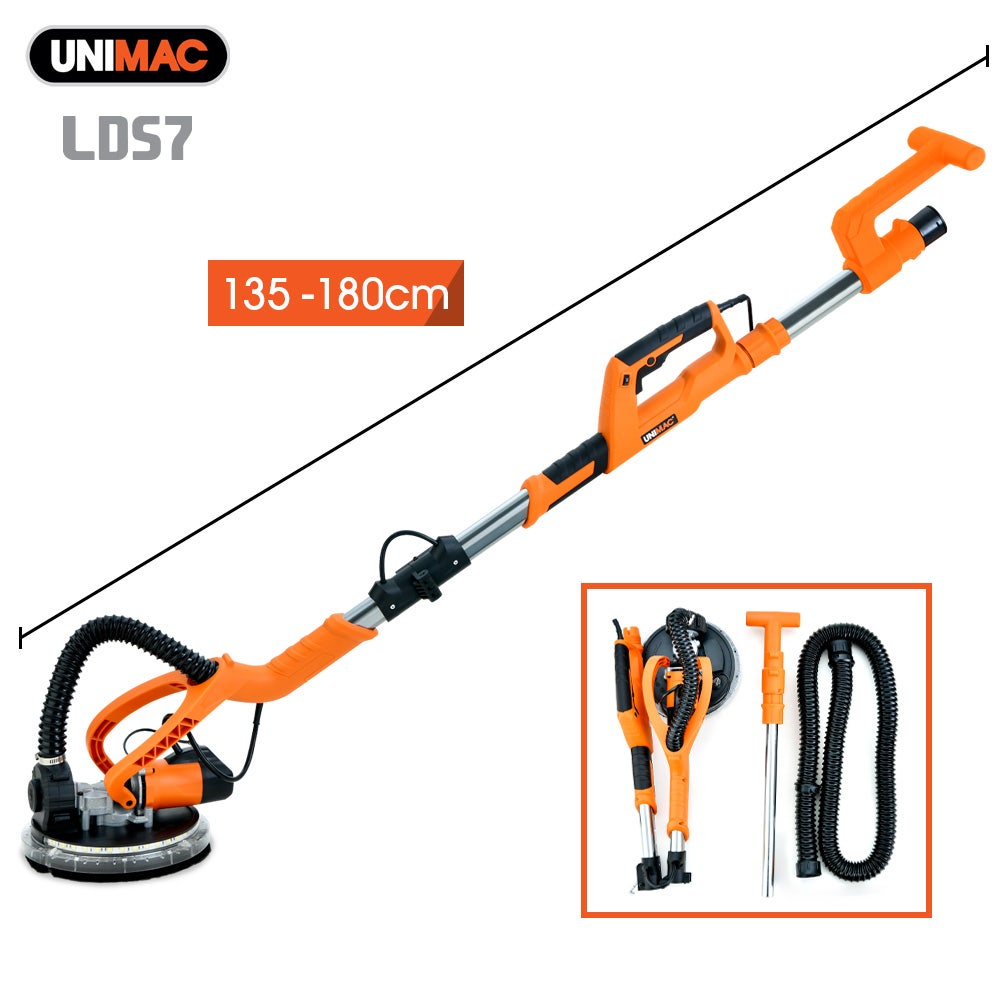 Sanders: Unimac 225mm 750W Telescopic Long Reach Dry Wall Sander Kit, Foldable, Vacuum System, LED Worklight, 6x Sanding Discs