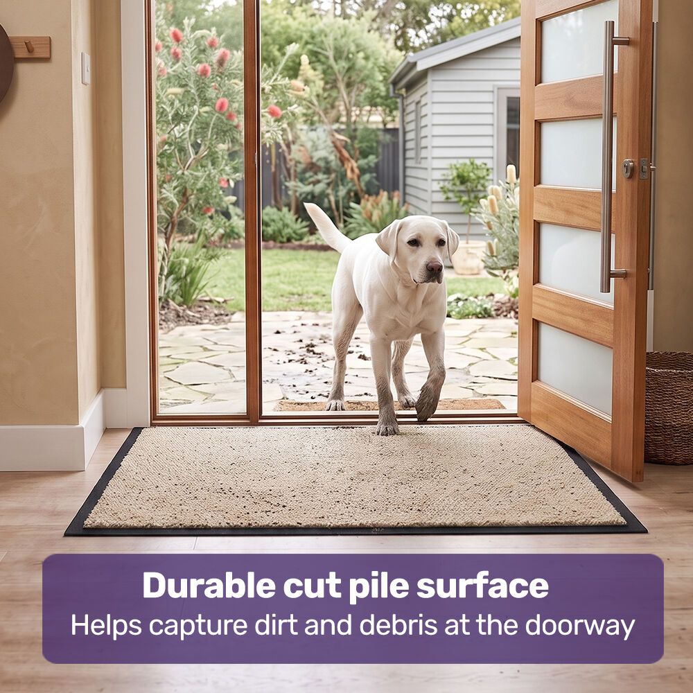 EQUIPMED 60x85cm Non-Slip Indoor Rug Floor Mat Beige, Poly Fiber Cut Loop Pile, High Density Base, Anti-Trip Edging