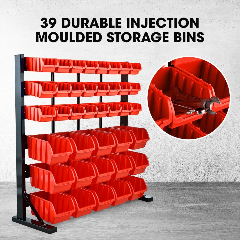 Tool Cabinets: BAUMR-AG 39 Parts Bin Rack Storage System Floor Mount - Red
