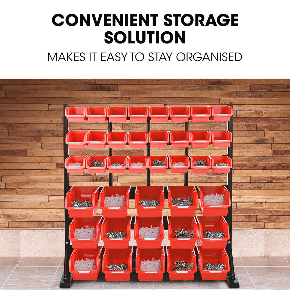 Tool Cabinets: BAUMR-AG 39 Parts Bin Rack Storage System Floor Mount - Red