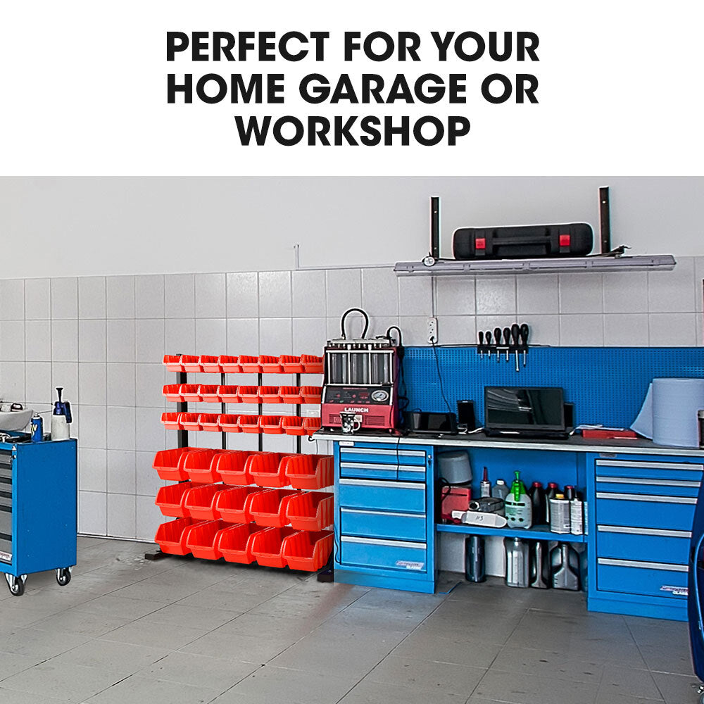 Tool Cabinets: BAUMR-AG 39 Parts Bin Rack Storage System Floor Mount - Red