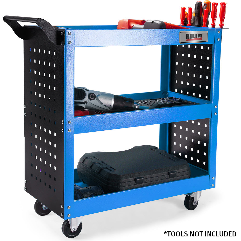 Utility Trolleys: Bullet 3-Tier Steel Tool Trolley Cart, for Workshop, Mechanic, with Pegboard, Screwdriver Bay, Blue