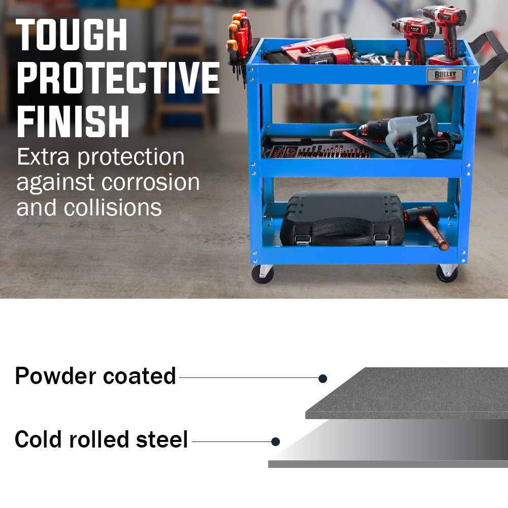 Utility Trolleys: Bullet 3-Tier Steel Tool Trolley Cart, for Workshop, Mechanic, with Pegboard, Screwdriver Bay, Blue