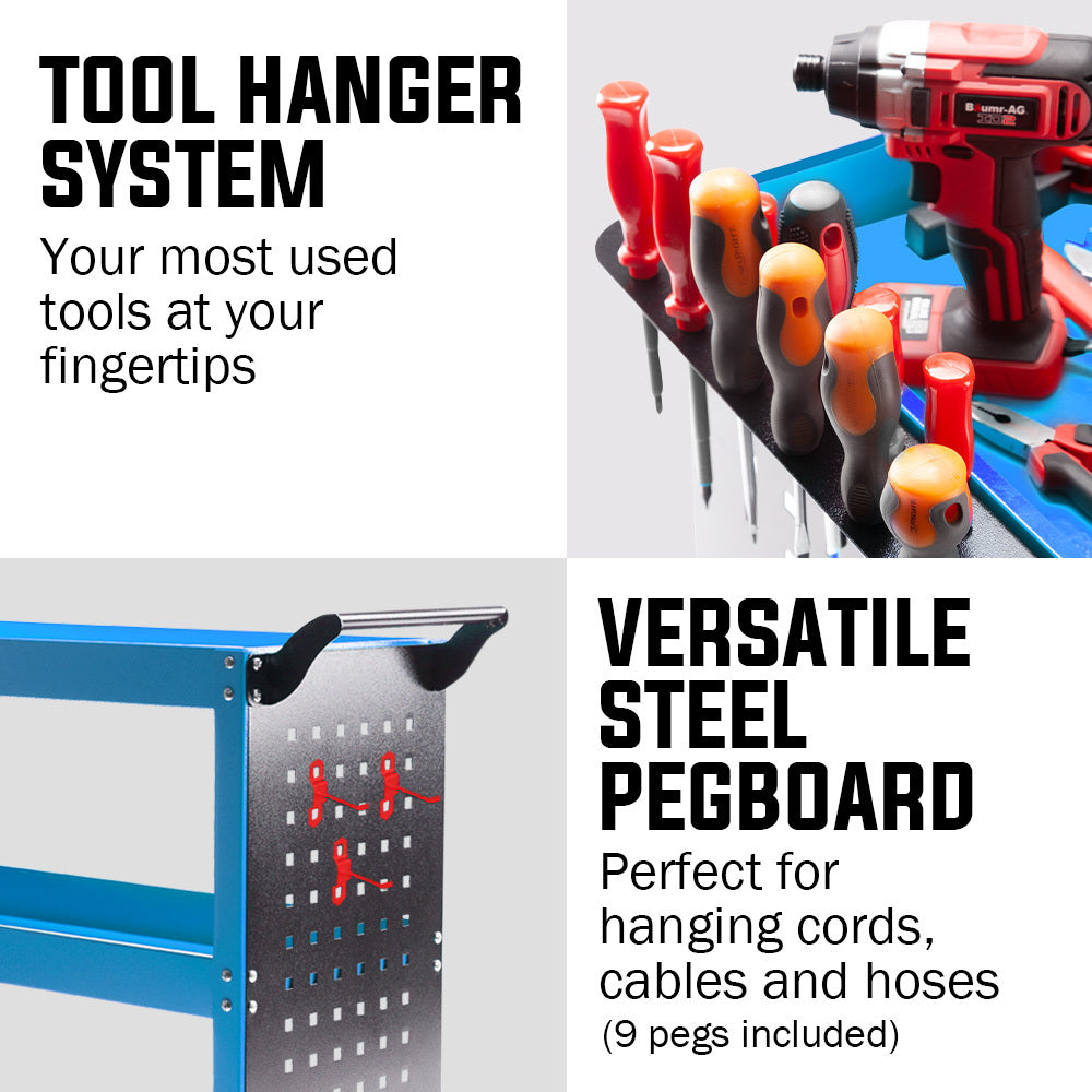 Utility Trolleys: Bullet 3-Tier Steel Tool Trolley Cart, for Workshop, Mechanic, with Pegboard, Screwdriver Bay, Blue