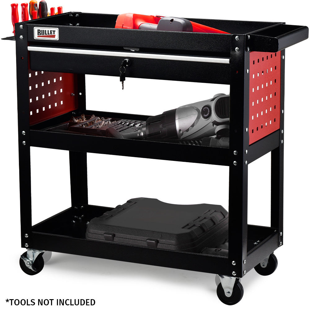 Utility Trolleys: Bullet 3-Tier Steel Tool Trolley Cart, for Workshop, Mechanic, with Drawer, Pegboard, Screwdriver Bay, Black/Red