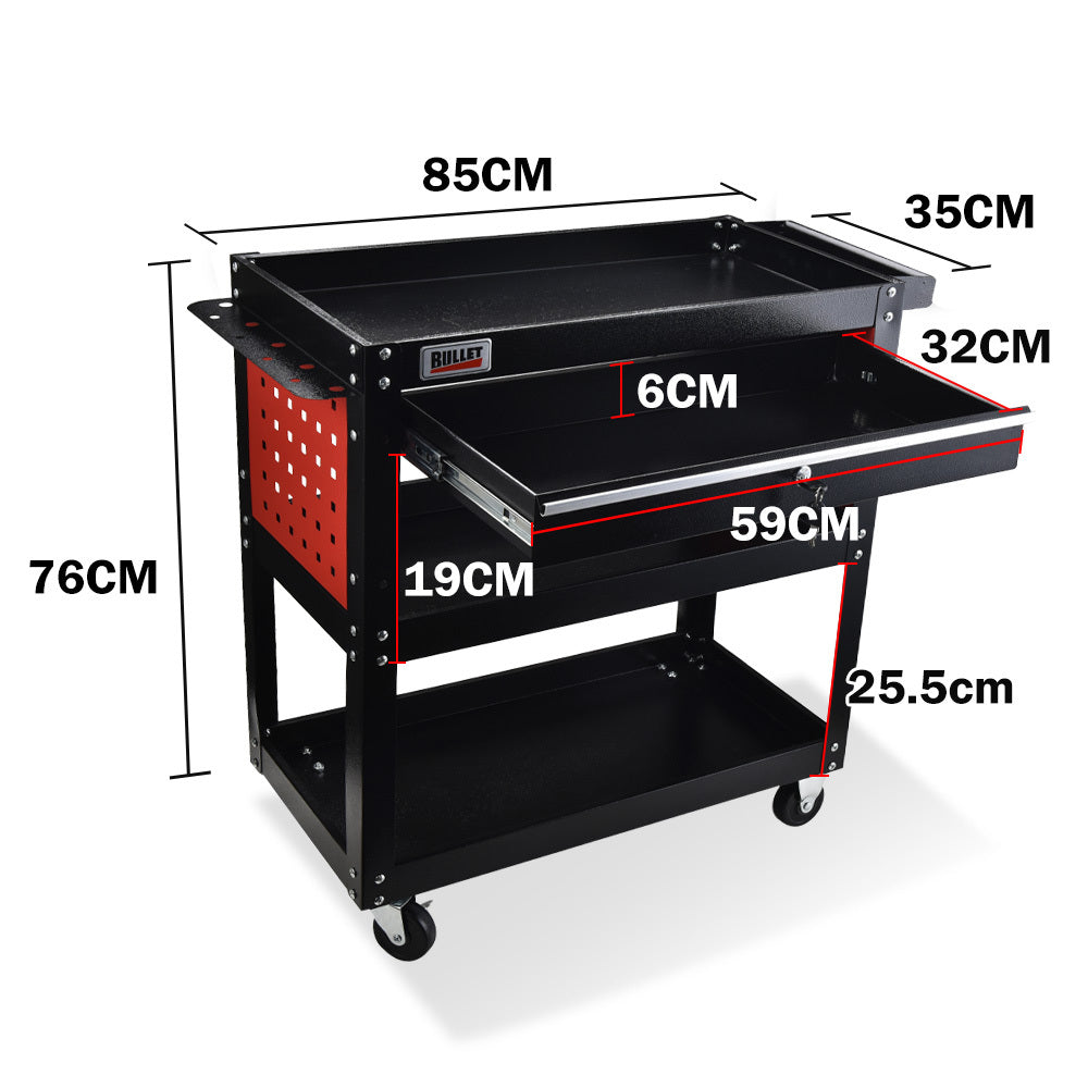 Utility Trolleys: Bullet 3-Tier Steel Tool Trolley Cart, for Workshop, Mechanic, with Drawer, Pegboard, Screwdriver Bay, Black/Red
