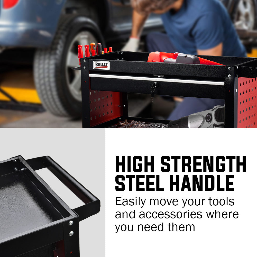 Utility Trolleys: Bullet 3-Tier Steel Tool Trolley Cart, for Workshop, Mechanic, with Drawer, Pegboard, Screwdriver Bay, Black/Red