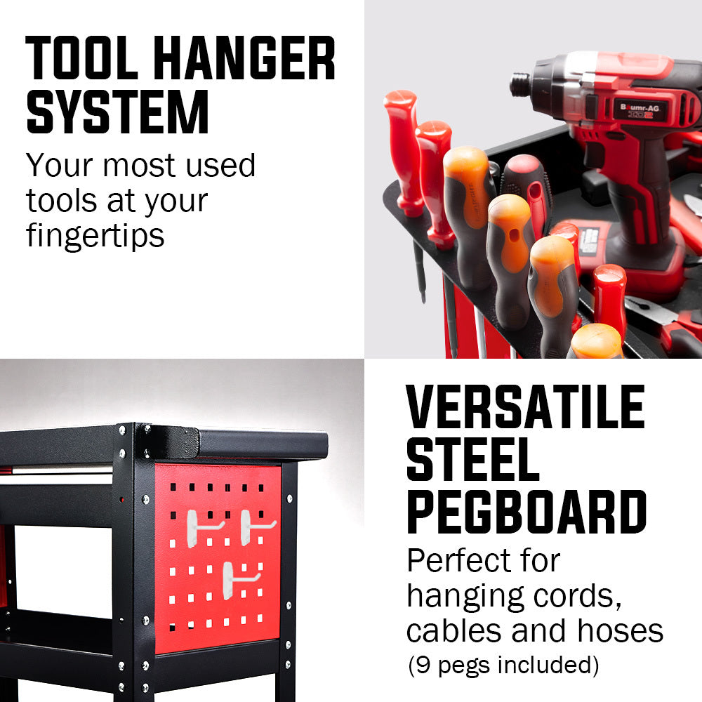 Utility Trolleys: Bullet 3-Tier Steel Tool Trolley Cart, for Workshop, Mechanic, with Drawer, Pegboard, Screwdriver Bay, Black/Red