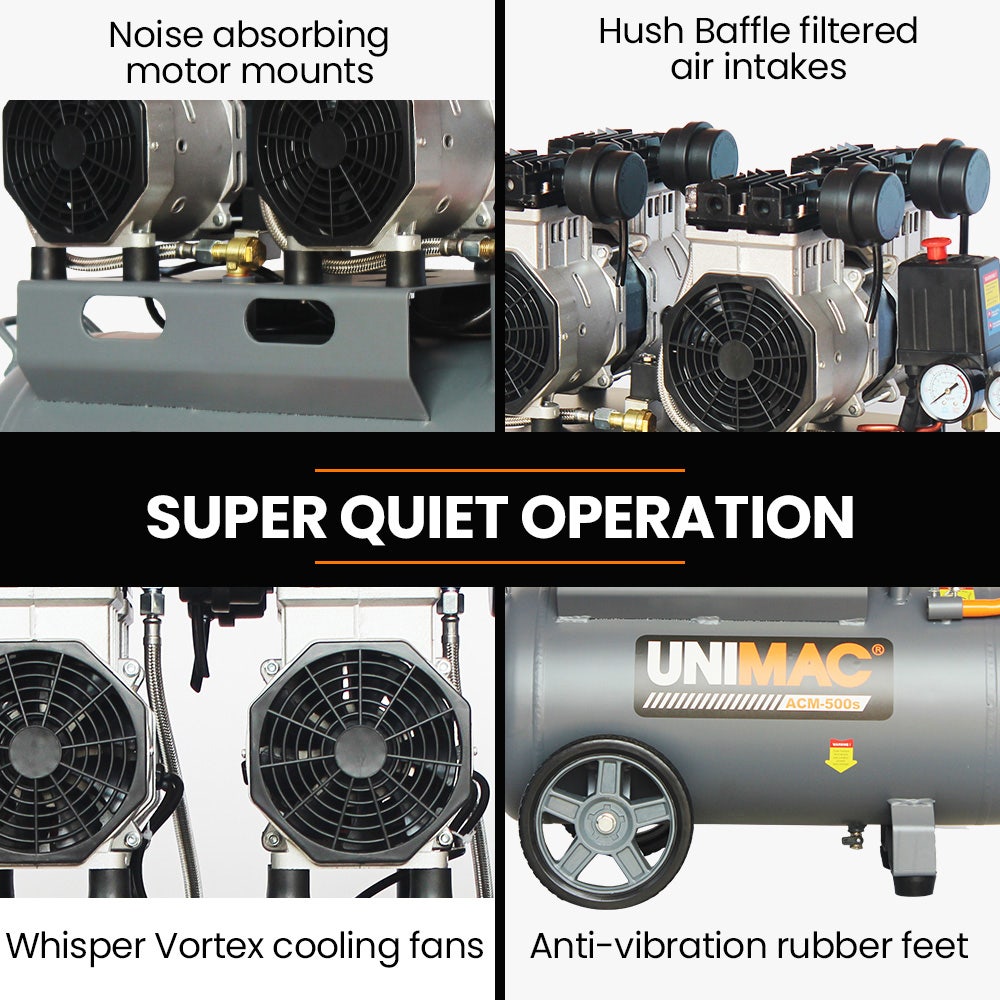 Air Compressors: UNIMAC 50L 3.0HP Silent Oil-Free Electric Air Compressor, Portable, Twin Nitto Outlets