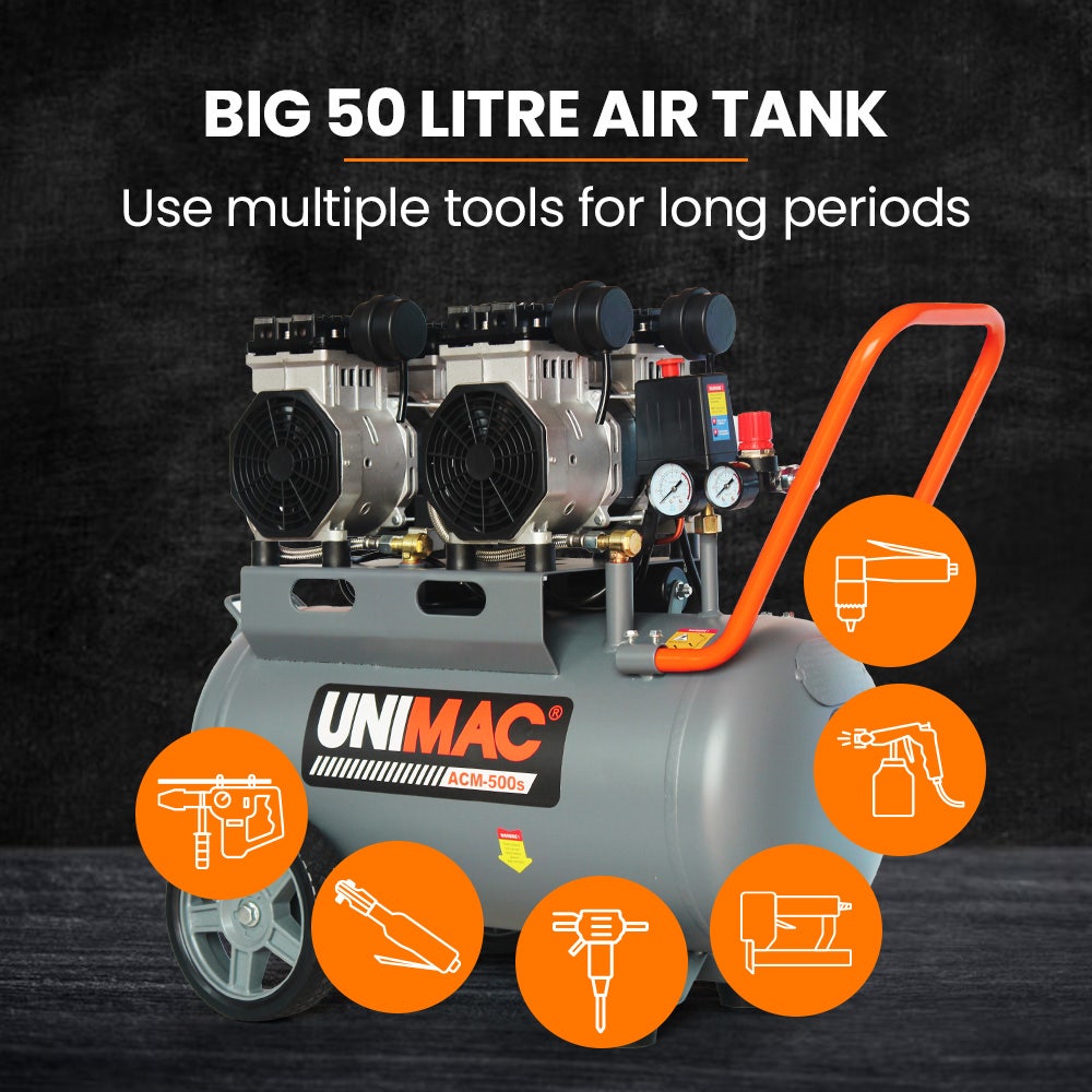 Air Compressors: UNIMAC 50L 3.0HP Silent Oil-Free Electric Air Compressor, Portable, Twin Nitto Outlets