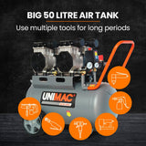 Air Compressors: UNIMAC 50L 3.0HP Silent Oil-Free Electric Air Compressor, Portable, Twin Nitto Outlets