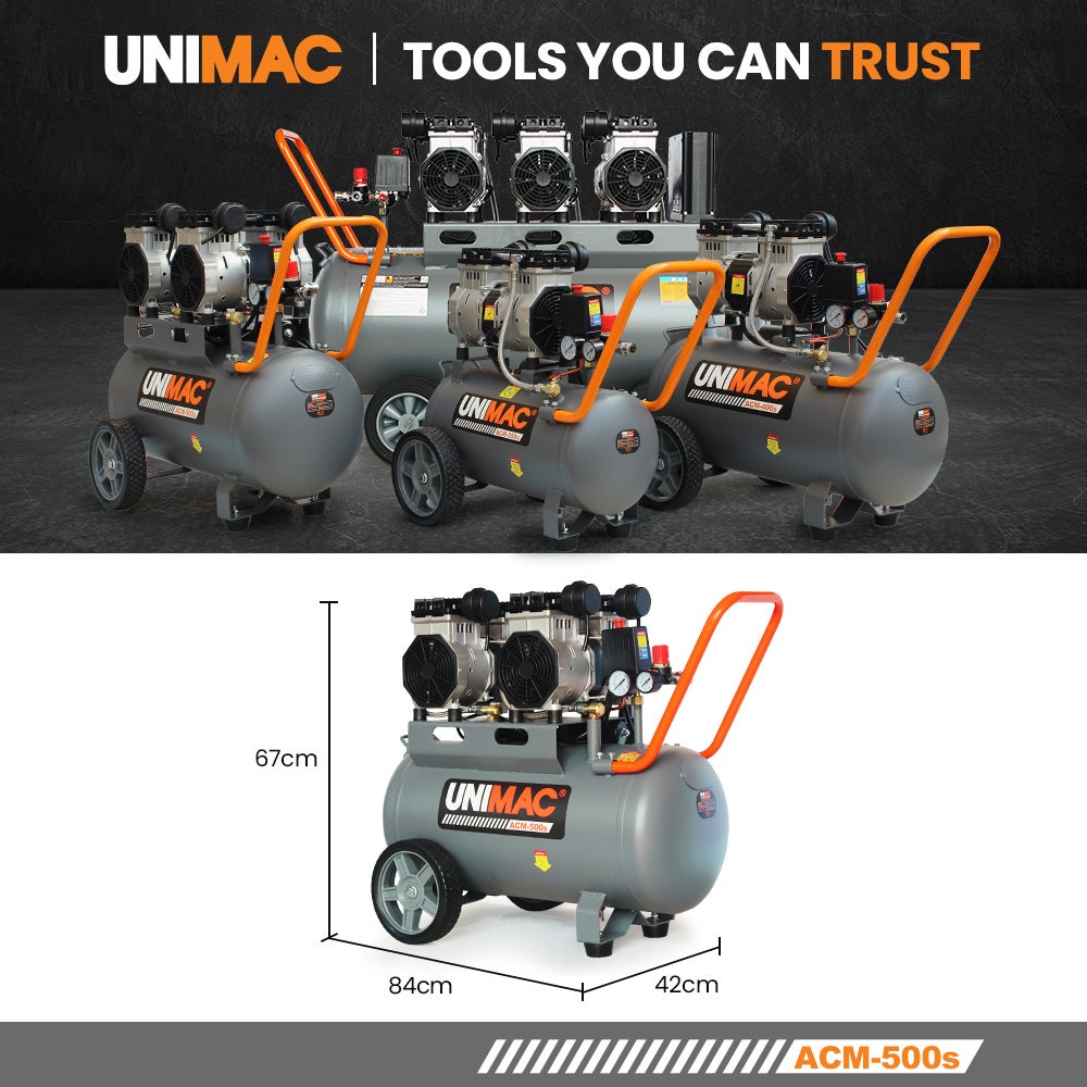 Air Compressors: UNIMAC 50L 3.0HP Silent Oil-Free Electric Air Compressor, Portable, Twin Nitto Outlets