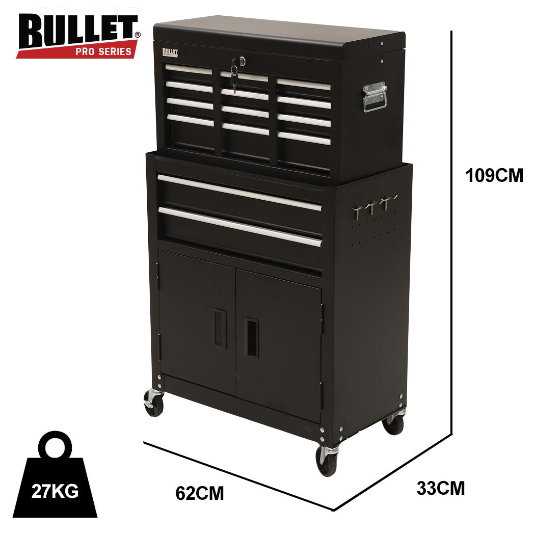 BULLET Pro 8 Drawer Tool Box Chest Cabinet Storage, with 2-Door Toolbox Garage Organiser Set, Black