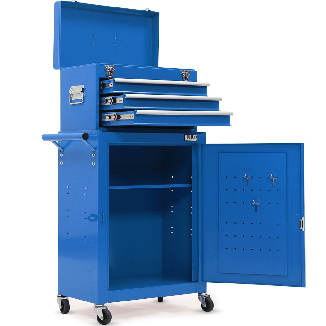 Tool Cabinets: Bullet Pro 3 Drawer Tool Box Cabinet Trolley Storage, with 1-Door Toolbox Garage Organiser Set, Blue