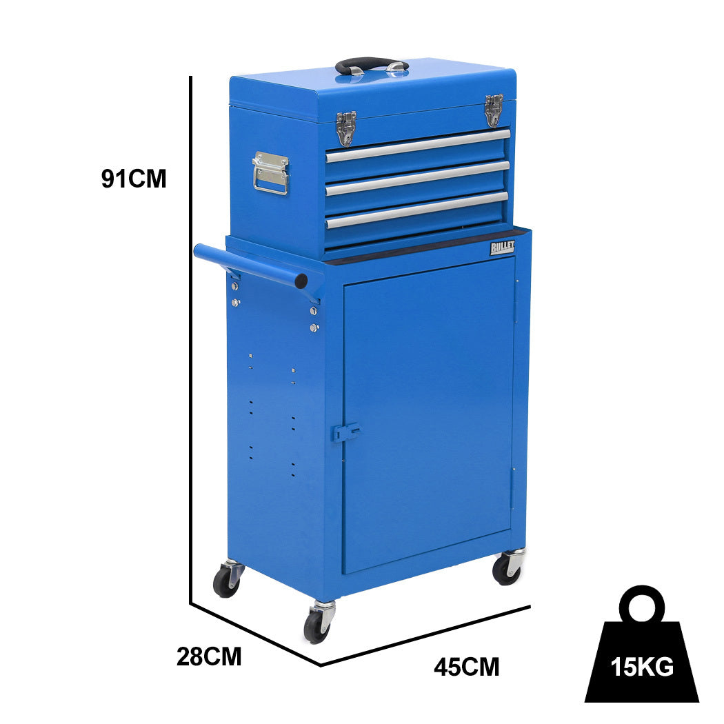 Tool Cabinets: Bullet Pro 3 Drawer Tool Box Cabinet Trolley Storage, with 1-Door Toolbox Garage Organiser Set, Blue