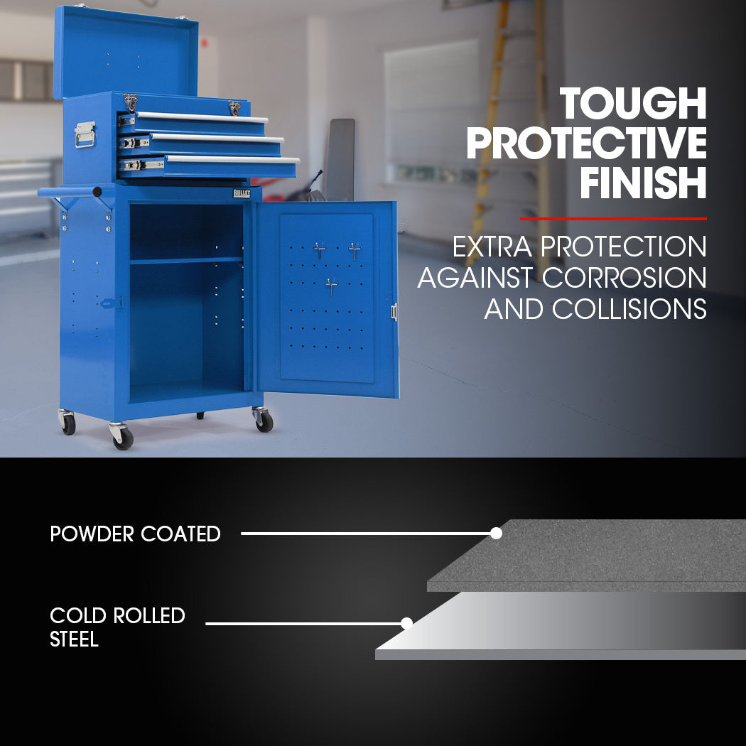Tool Cabinets: Bullet Pro 3 Drawer Tool Box Cabinet Trolley Storage, with 1-Door Toolbox Garage Organiser Set, Blue