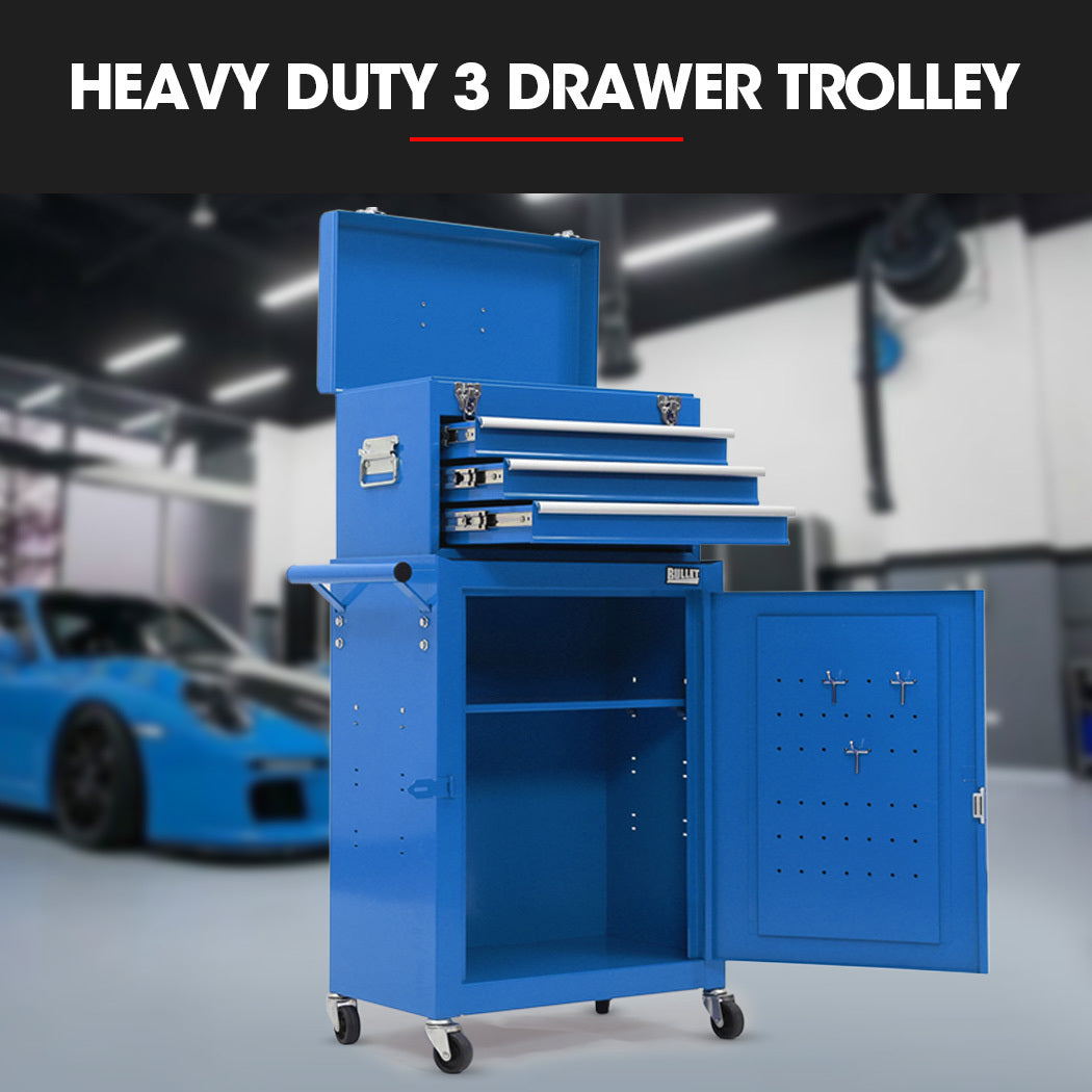 Tool Cabinets: Bullet Pro 3 Drawer Tool Box Cabinet Trolley Storage, with 1-Door Toolbox Garage Organiser Set, Blue