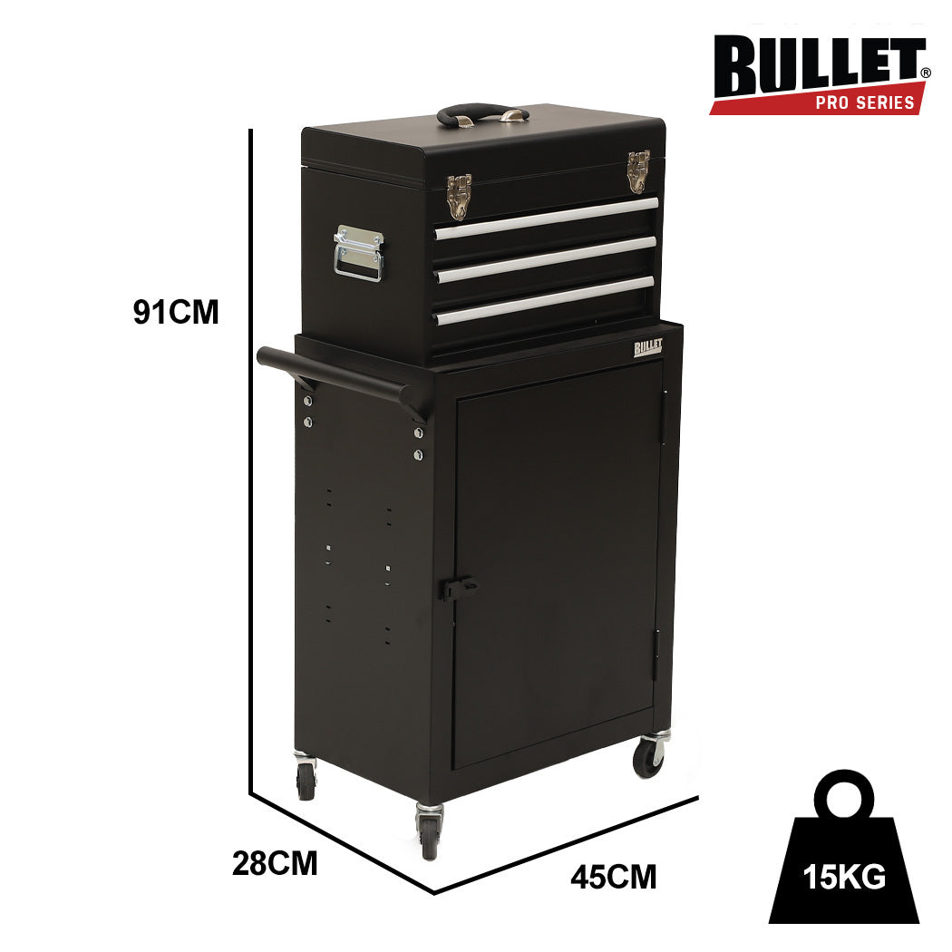 Tool Cabinets: Bullet Pro 3 Drawer Tool Box Cabinet Trolley Storage, with 1-Door Toolbox Garage Organiser Set, Black
