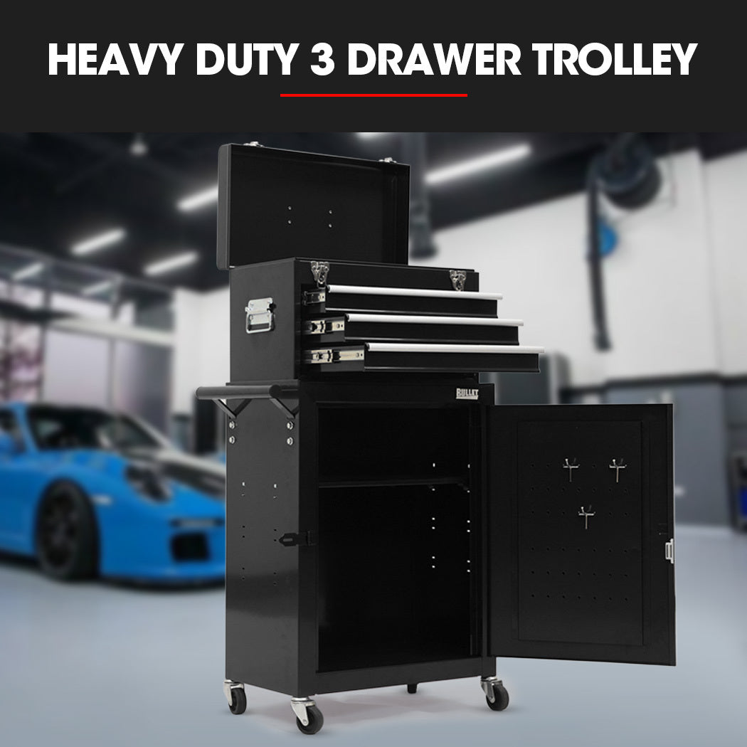 Tool Cabinets: Bullet Pro 3 Drawer Tool Box Cabinet Trolley Storage, with 1-Door Toolbox Garage Organiser Set, Black