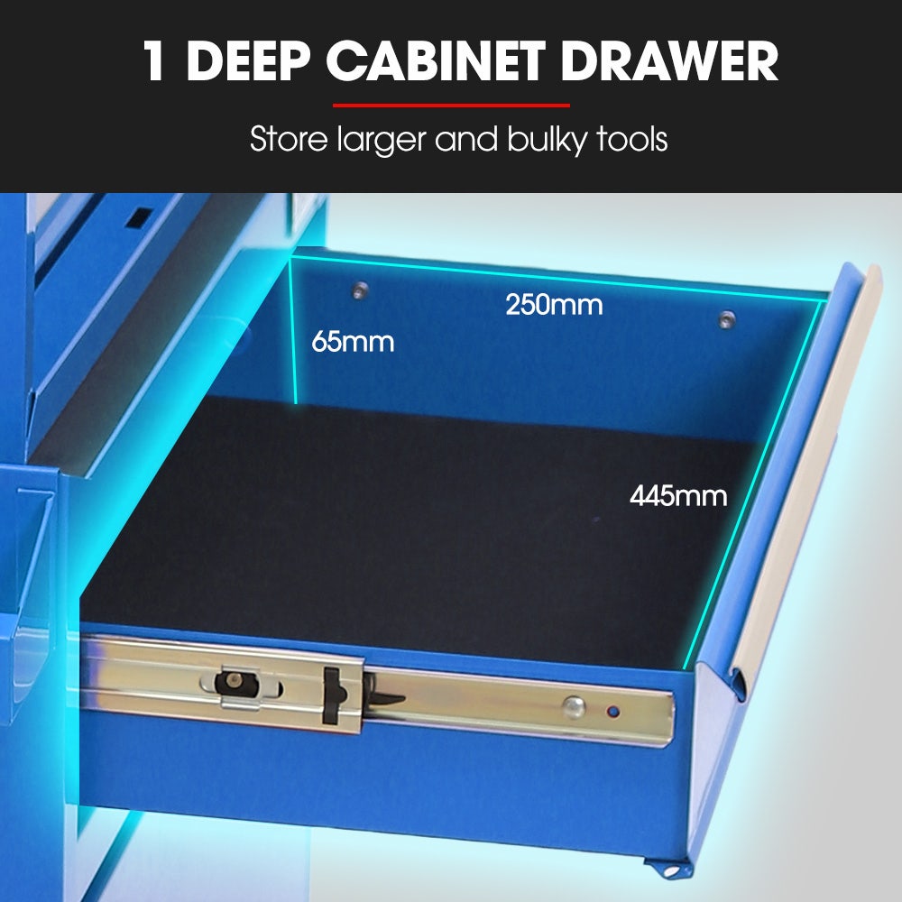 Bullet Pro 5 Drawer Tool Box Cabinet Chest Storage, with 1-Door Toolbox Garage Organiser Set, Blue