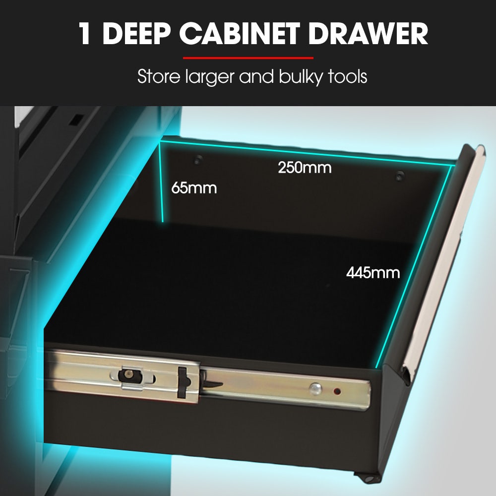 BULLET Pro 5 Drawer Tool Box Cabinet Chest Storage, with 1-Door Toolbox Garage Organiser Set, Black