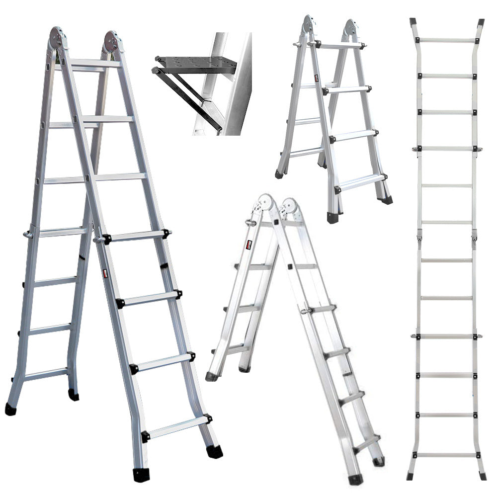 Ladders & Scaffolding: Bullet 4m Folding Aluminium Multipurpose Ladder, w/ Workshelf Platform, Spring Assisted Rapid Safety Lock Adjusters