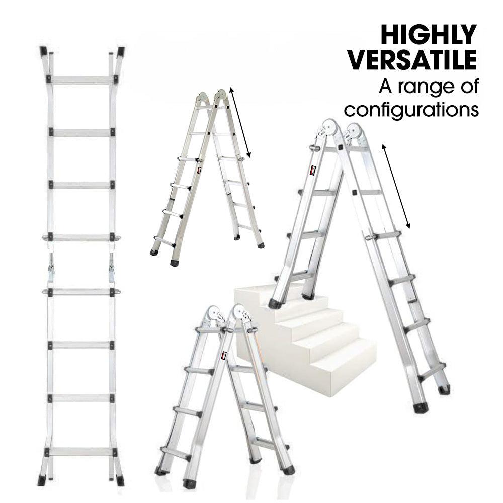 Ladders & Scaffolding: Bullet 4m Folding Aluminium Multipurpose Ladder, w/ Workshelf Platform, Spring Assisted Rapid Safety Lock Adjusters