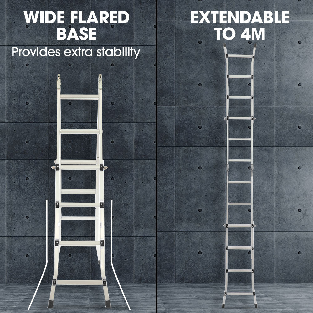 Ladders & Scaffolding: Bullet 4m Folding Aluminium Multipurpose Ladder, w/ Workshelf Platform, Spring Assisted Rapid Safety Lock Adjusters