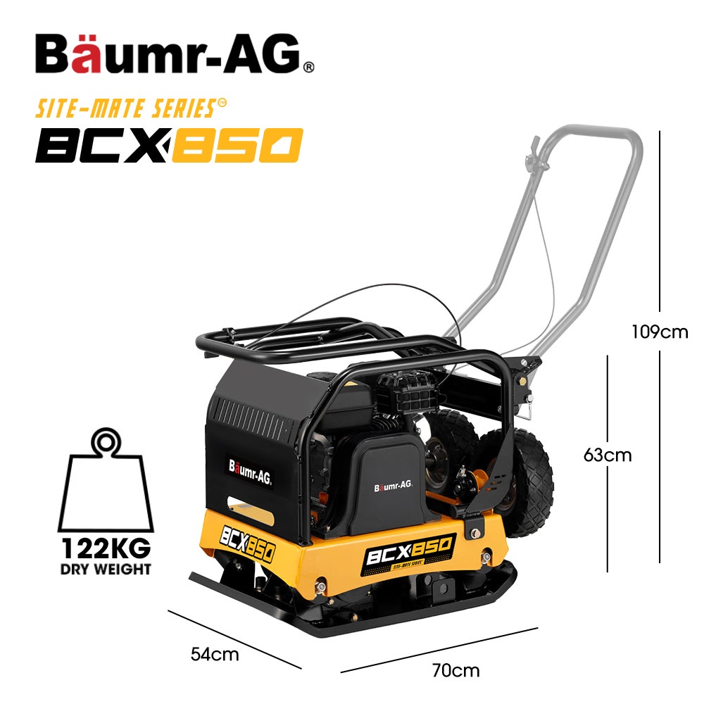 BAUMR-AG 125kg 450x630mm 7HP Plate Compactor, 32kN Vibratory Compaction, Wheel Kit, Protective Paver Pad, Commercial-Grade