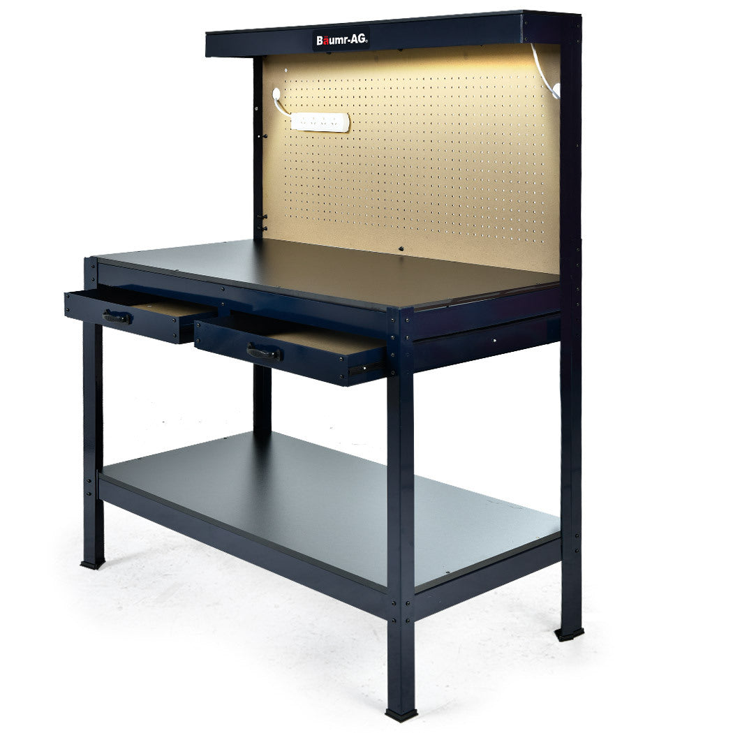 Work Benches: BAUMR-AG Steel Garage Workbench with LED Lights Pegboard Tool Storage Work Bench Workshop Table