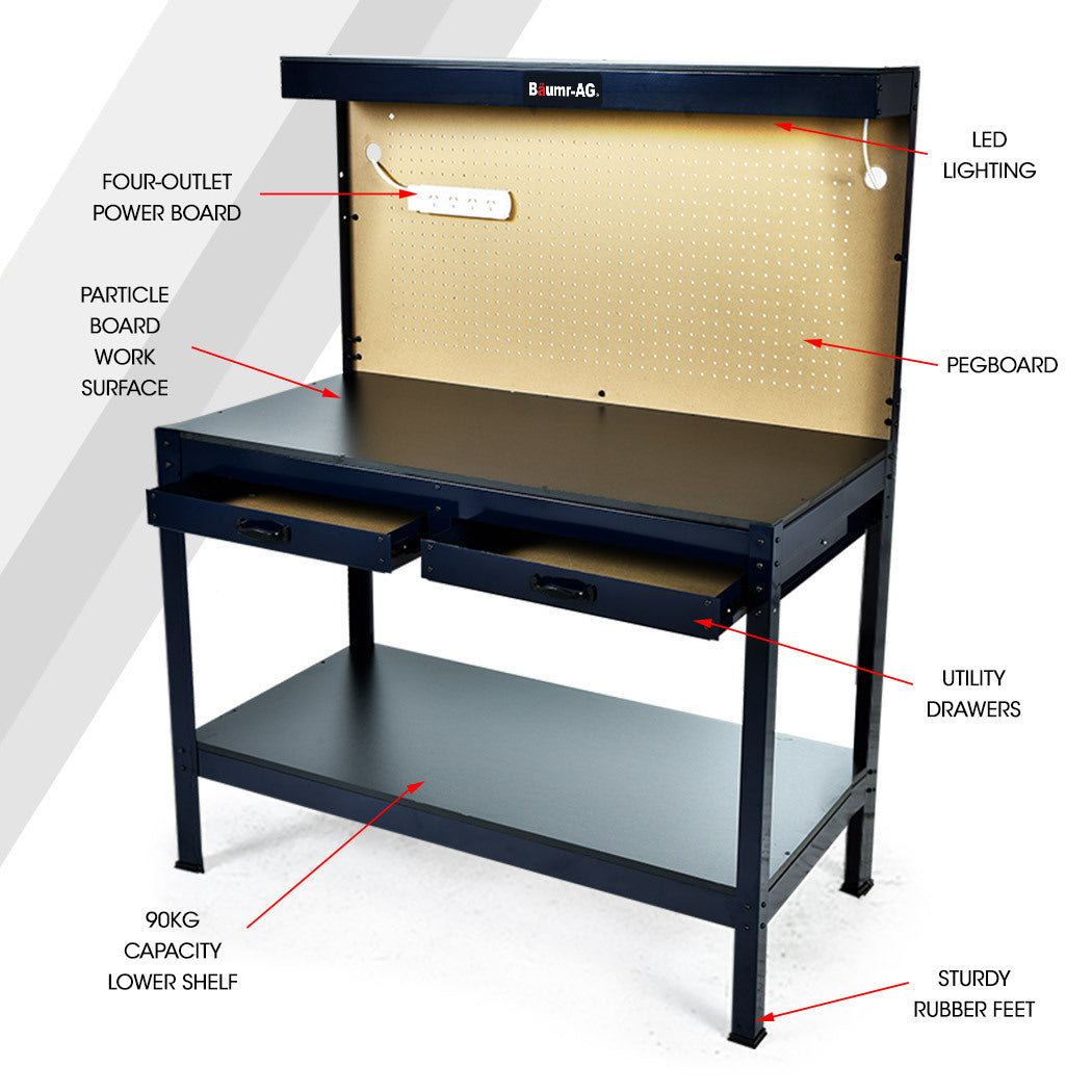 Work Benches: BAUMR-AG Steel Garage Workbench with LED Lights Pegboard Tool Storage Work Bench Workshop Table