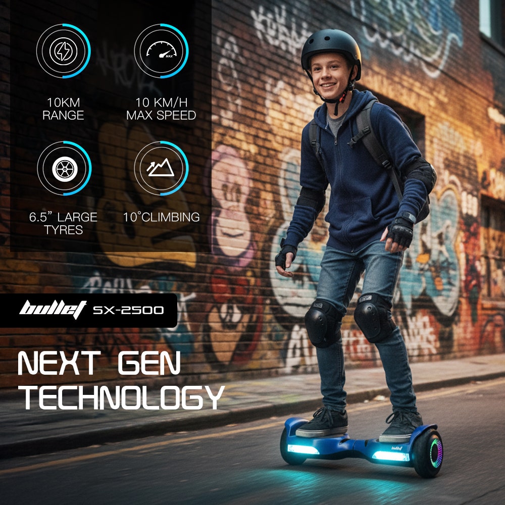 Hoverboards: BULLET SX-2500 Hoverboard Scooter, 500W Brushless, UL Certified, AU Compliant, 6.5-inch Off-Road Style Tyres, Superior Self Balancing System, LED Lights, Blue