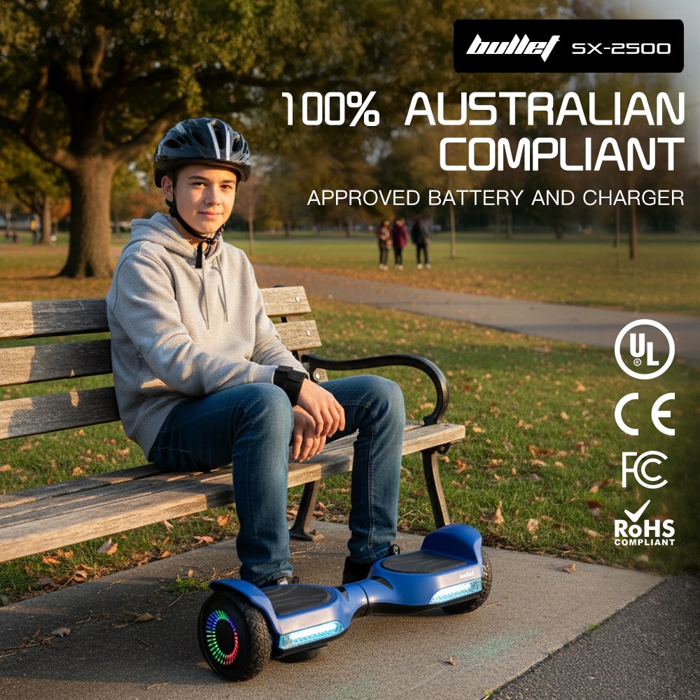 Hoverboards: BULLET SX-2500 Hoverboard Scooter, 500W Brushless, UL Certified, AU Compliant, 6.5-inch Off-Road Style Tyres, Superior Self Balancing System, LED Lights, Blue