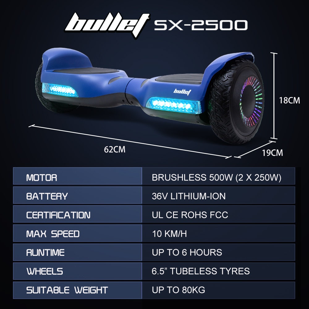 Hoverboards: BULLET SX-2500 Hoverboard Scooter, 500W Brushless, UL Certified, AU Compliant, 6.5-inch Off-Road Style Tyres, Superior Self Balancing System, LED Lights, Blue