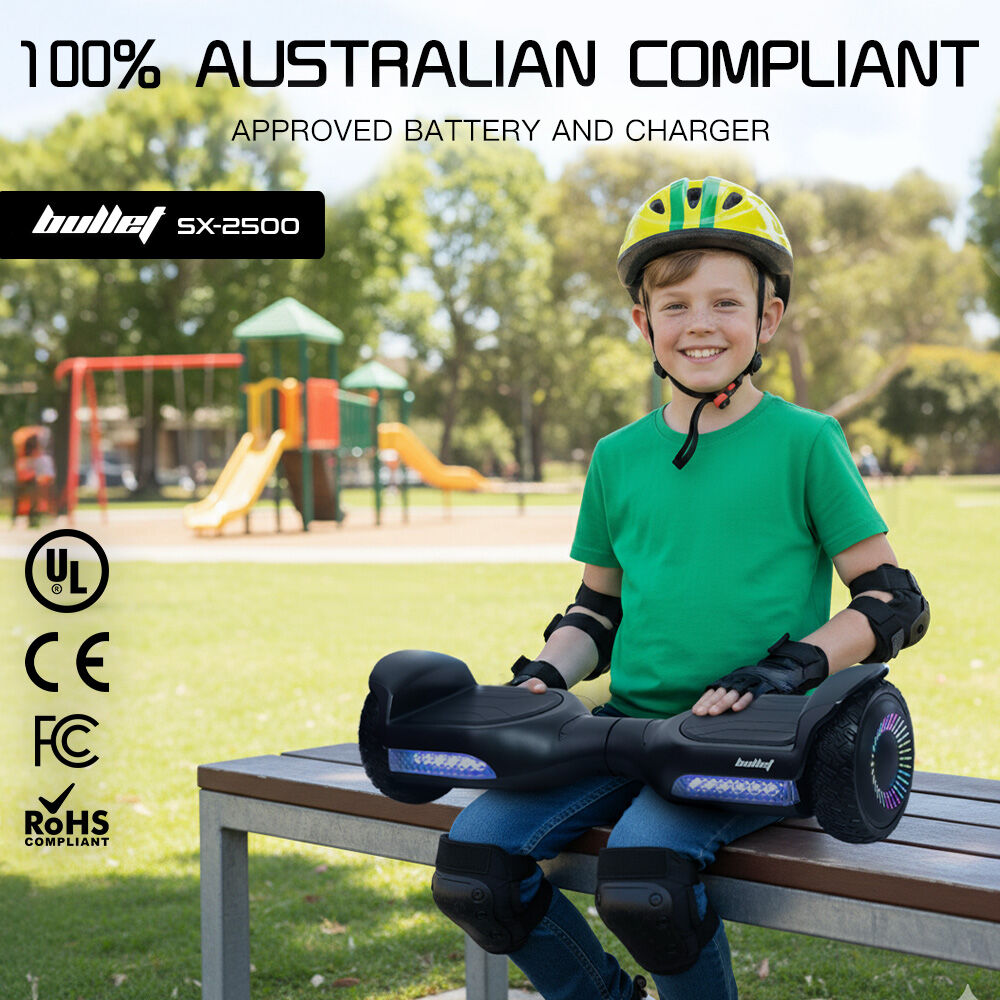 Hoverboards: BULLET SX-2500 Hoverboard Scooter, 500W Brushless, UL Certified, AU Compliant, 6.5-inch Off-Road Style Tyres, Superior Self Balancing System, LED Lights, Black