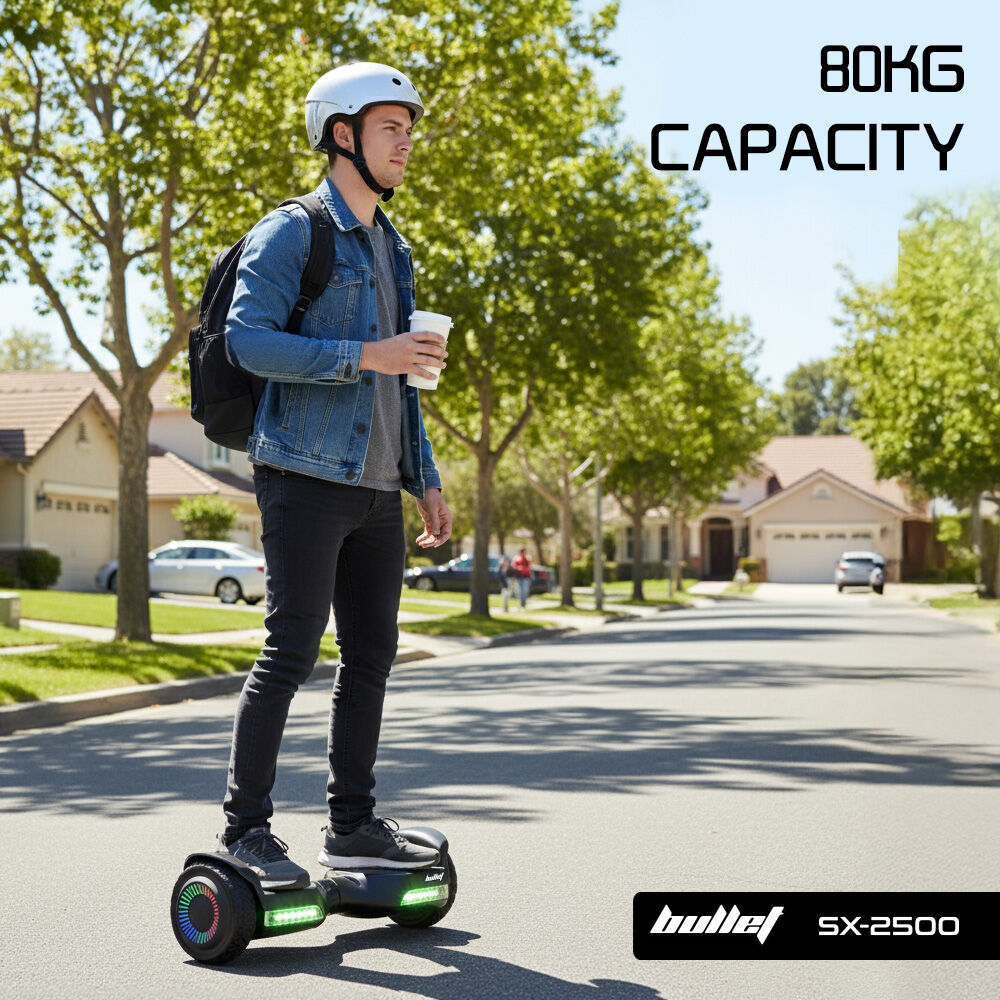 Hoverboards: BULLET SX-2500 Hoverboard Scooter, 500W Brushless, UL Certified, AU Compliant, 6.5-inch Off-Road Style Tyres, Superior Self Balancing System, LED Lights, Black