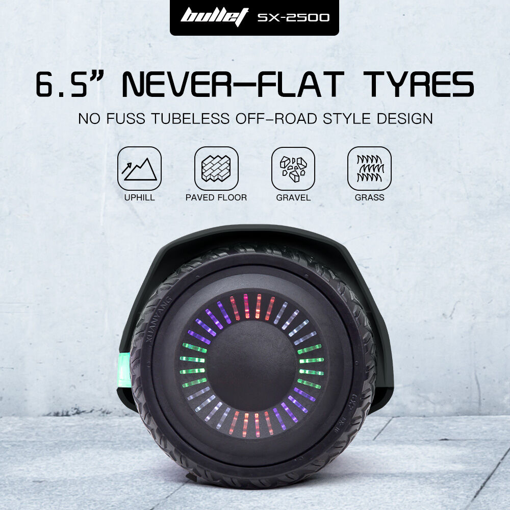 Hoverboards: BULLET SX-2500 Hoverboard Scooter, 500W Brushless, UL Certified, AU Compliant, 6.5-inch Off-Road Style Tyres, Superior Self Balancing System, LED Lights, Black
