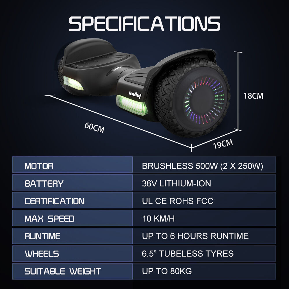 Hoverboards: BULLET SX-2500 Hoverboard Scooter, 500W Brushless, UL Certified, AU Compliant, 6.5-inch Off-Road Style Tyres, Superior Self Balancing System, LED Lights, Black