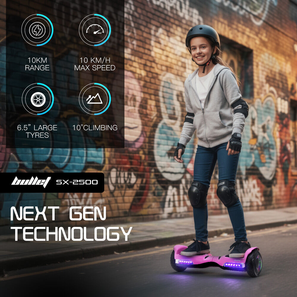 Hoverboards: BULLET SX-2500 Hoverboard Scooter, 500W Brushless, UL Certified, AU Compliant, 6.5-inch Off-Road Style Tyres, Superior Self Balancing System, LED Lights, Pink