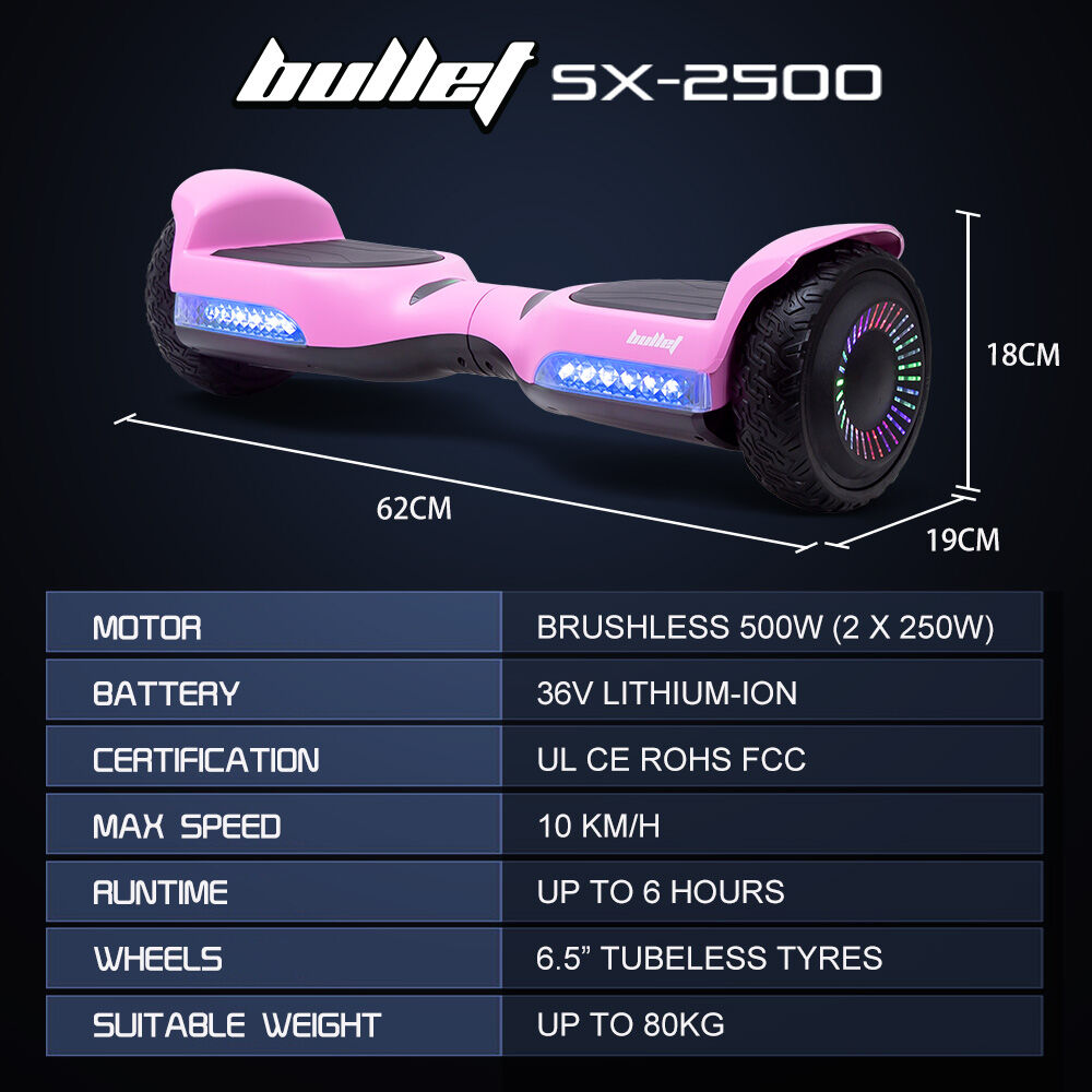 Hoverboards: BULLET SX-2500 Hoverboard Scooter, 500W Brushless, UL Certified, AU Compliant, 6.5-inch Off-Road Style Tyres, Superior Self Balancing System, LED Lights, Pink