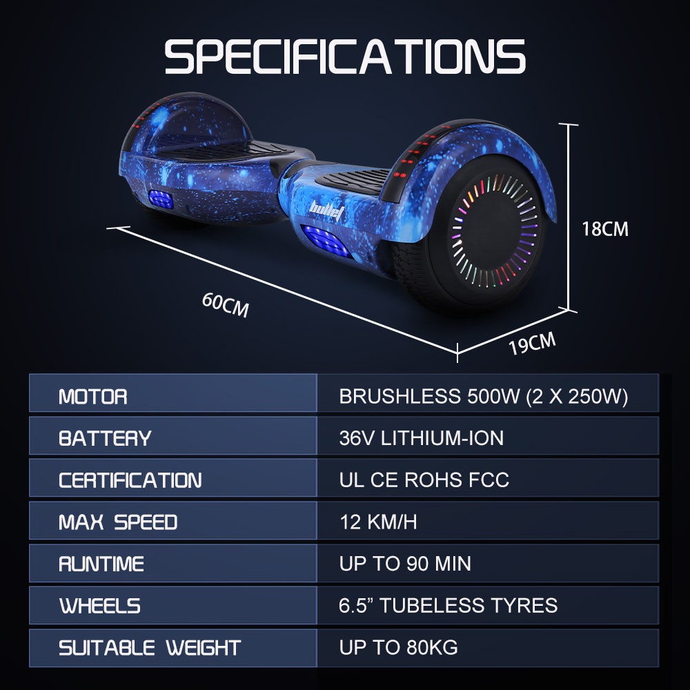 Hoverboards: BULLET SX-2000 Hoverboard Scooter, 500W Brushless, Superior Self Balancing System, UL Certified, LED Lights, Blue Galaxy