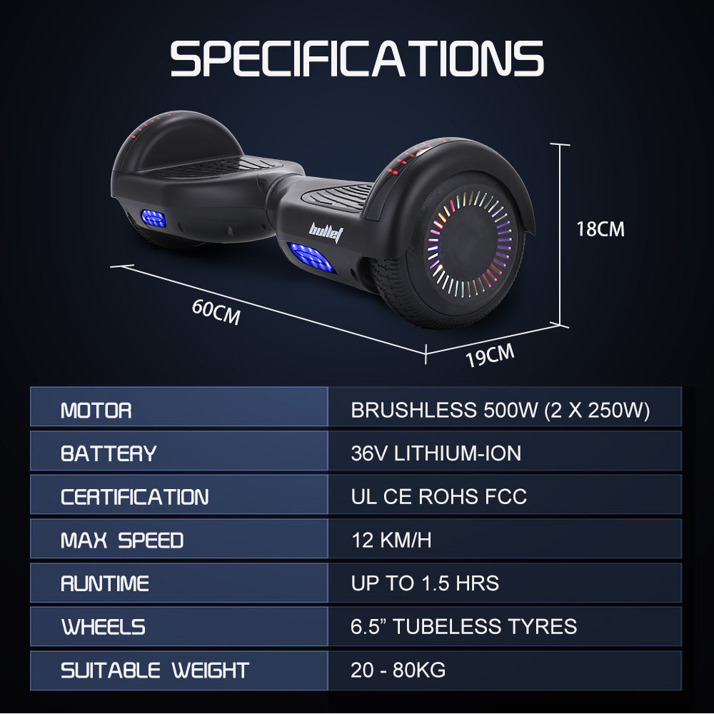 Hoverboards: BULLET SX-2000 Hoverboard Scooter, 500W Brushless, UL Certified, AU Compliant, Superior Self Balancing System, LED Lights, Black