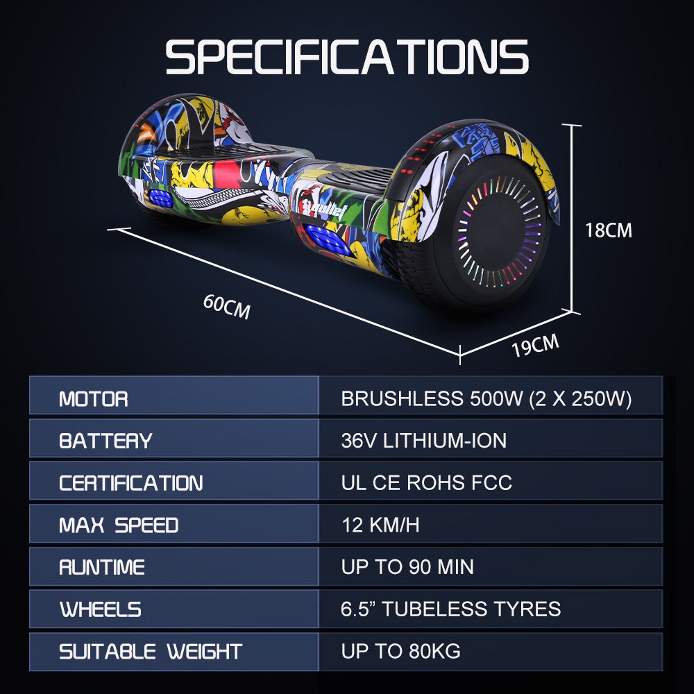 Hoverboards: BULLET SX-2000 Hoverboard Scooter, 500W Brushless, UL Certified, AU Compliant, Superior Self Balancing System, LED Lights, Hip Hop Design