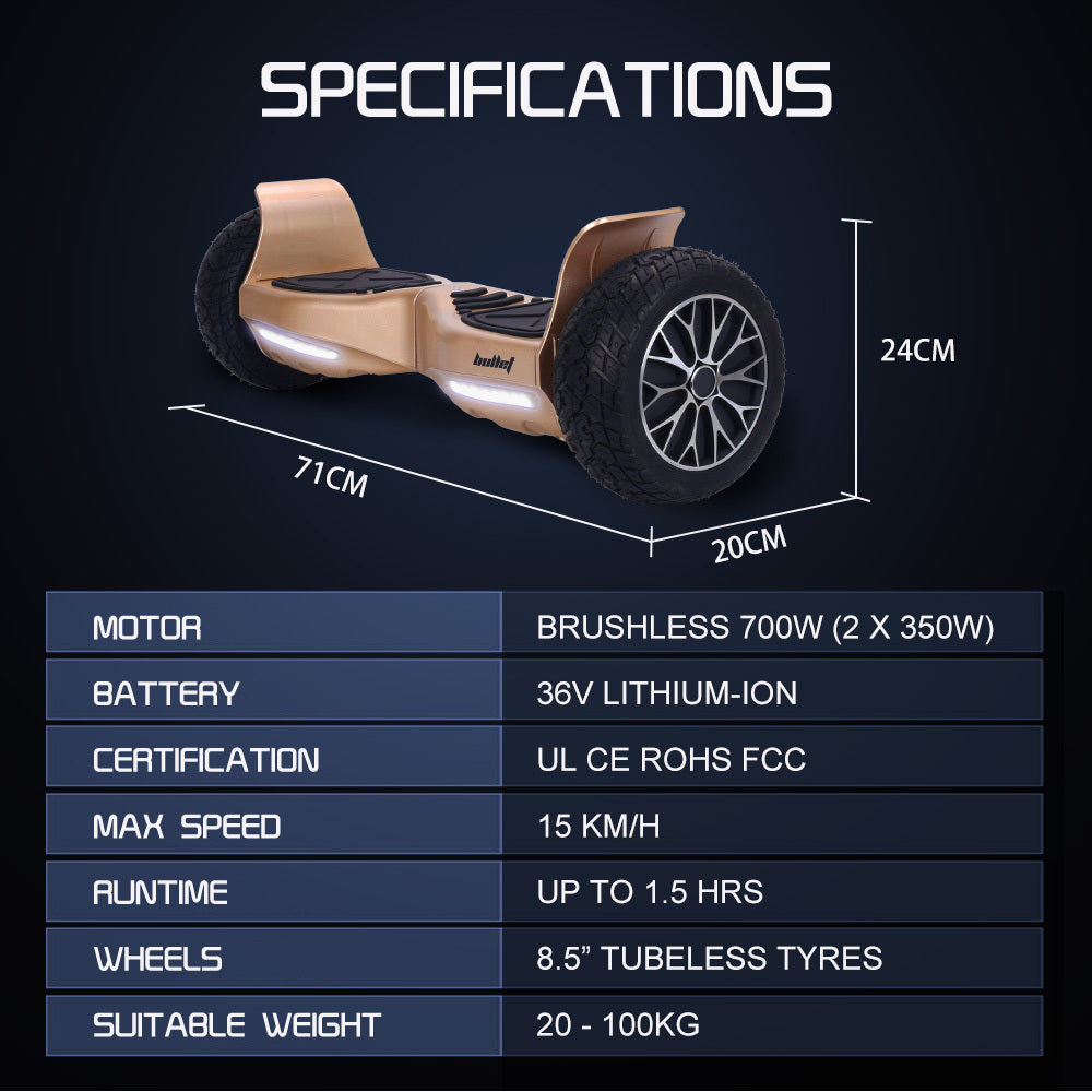 Hoverboards: BULLET SX-4000 Hoverboard Scooter, 700W Brushless, UL Certified, AU Compliant, 8.5" Wheels, Superior Self Balancing System, LED Lights, Carry Bag, Bronze