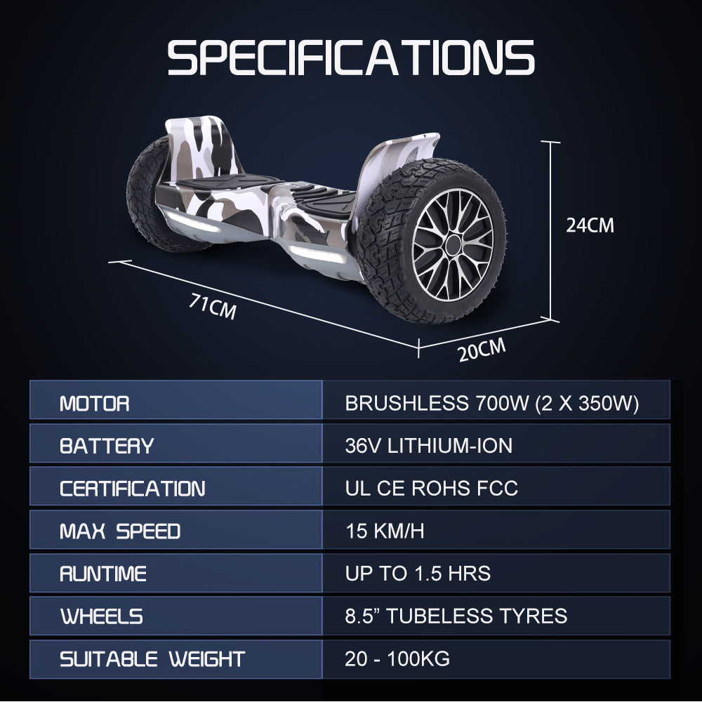 Hoverboards: BULLET SX-4000 Hoverboard Scooter, 700W Brushless, UL Certified, AU Compliant, 8.5" Wheels, Superior Self Balancing System, LED Lights, Carry Bag, Camo