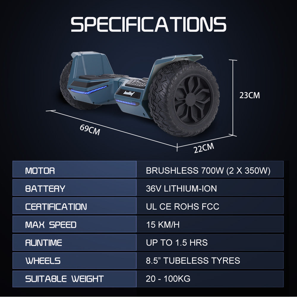 Hoverboards: BULLET SX-4500 Hoverboard Scooter, 700W Brushless, UL Certified, AU Compliant, 8.5" Wheels, Superior Self Balancing System, LED Lights, Carry Bag, Navy Blue
